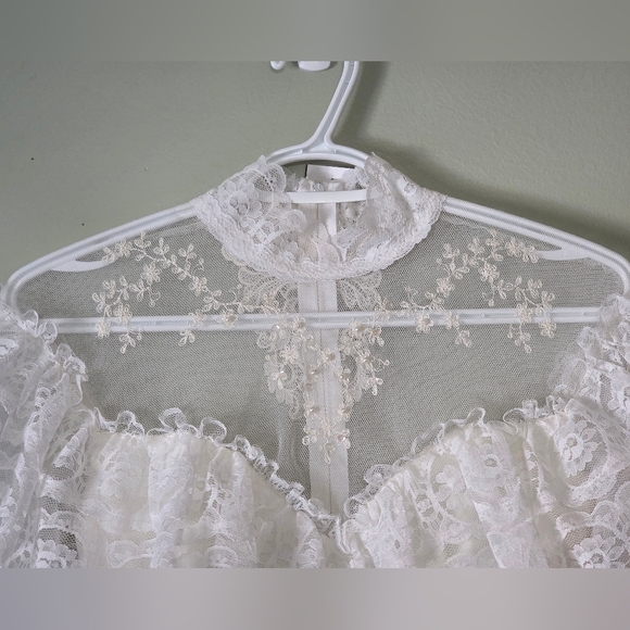 VTG👰‍Alfred Angelo Wedding Dress Bishop Sleeve Lace Tiered Prarie Victorian XS - Picture 8 of 16